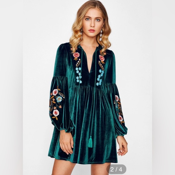 Dresses & Skirts - Tasseled Tie Bishop Sleeve Embroidery Velvet Dress